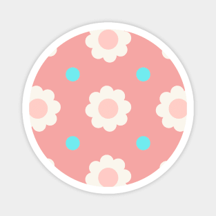 White and pink flowers with blue dots on turquoise background Magnet